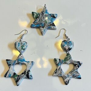 NEW Star of David Faux Stone Swirl Polymer Clay Dangle Stud Earrings & Pendant